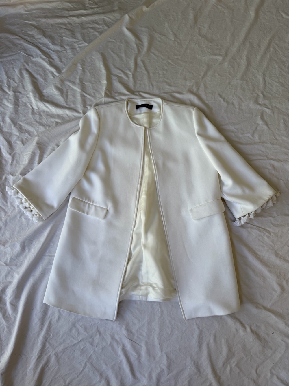 Zara Off-White Collarless Three-Quarter Sleeve Blazer
